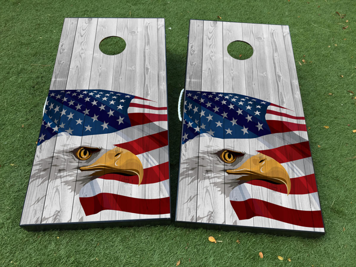 Ensemble d'autocollants à texture bois avec drapeau American Eagle pour planche de cornhole