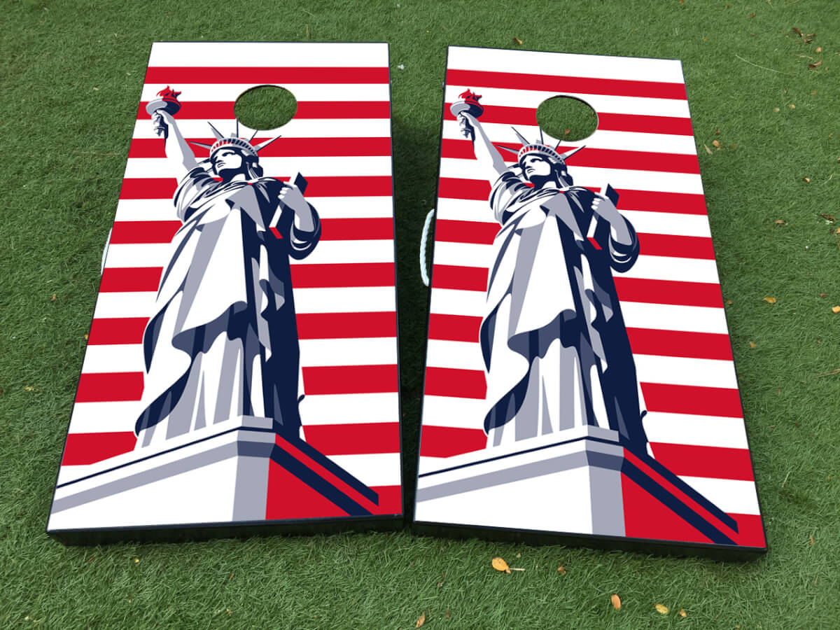 Ensemble d'autocollants enveloppants pour planche de jeu de cornhole avec drapeau américain et Statue de la Liberté
