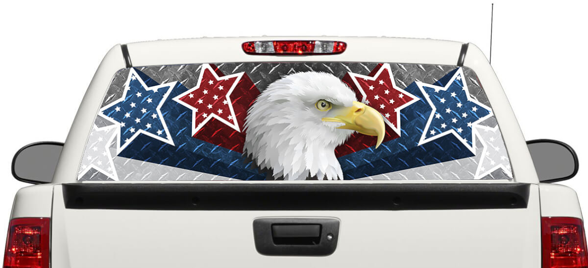 Autocollant vinyle pour lunette arrière Aigle chauve & étoiles USA pour pick-up et SUV