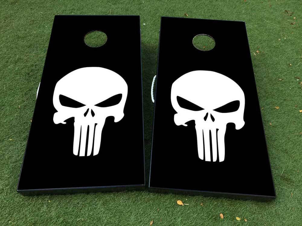 Ensemble d'autocollants vinyle pour planche de cornhole style crâne Punisher en noir et blanc