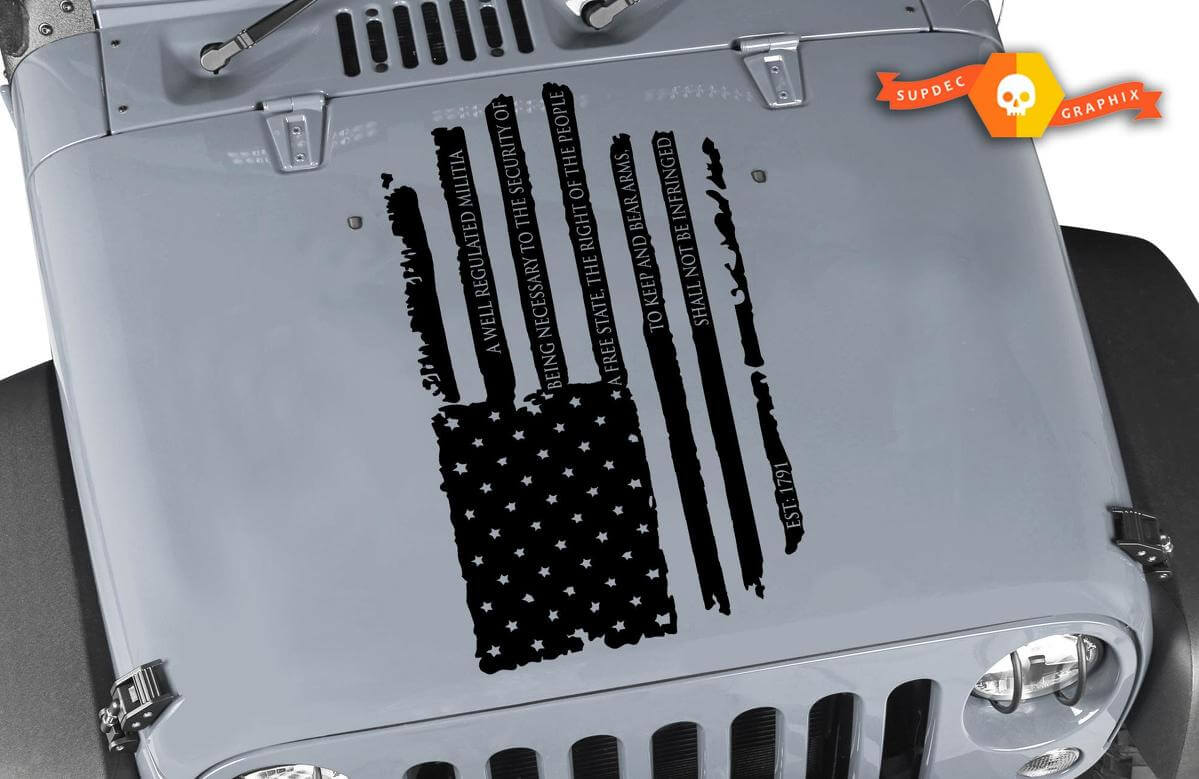 Autocollant en vinyle à capot avec drapeau américain usé Second Amendment pour Jeep Wrangler