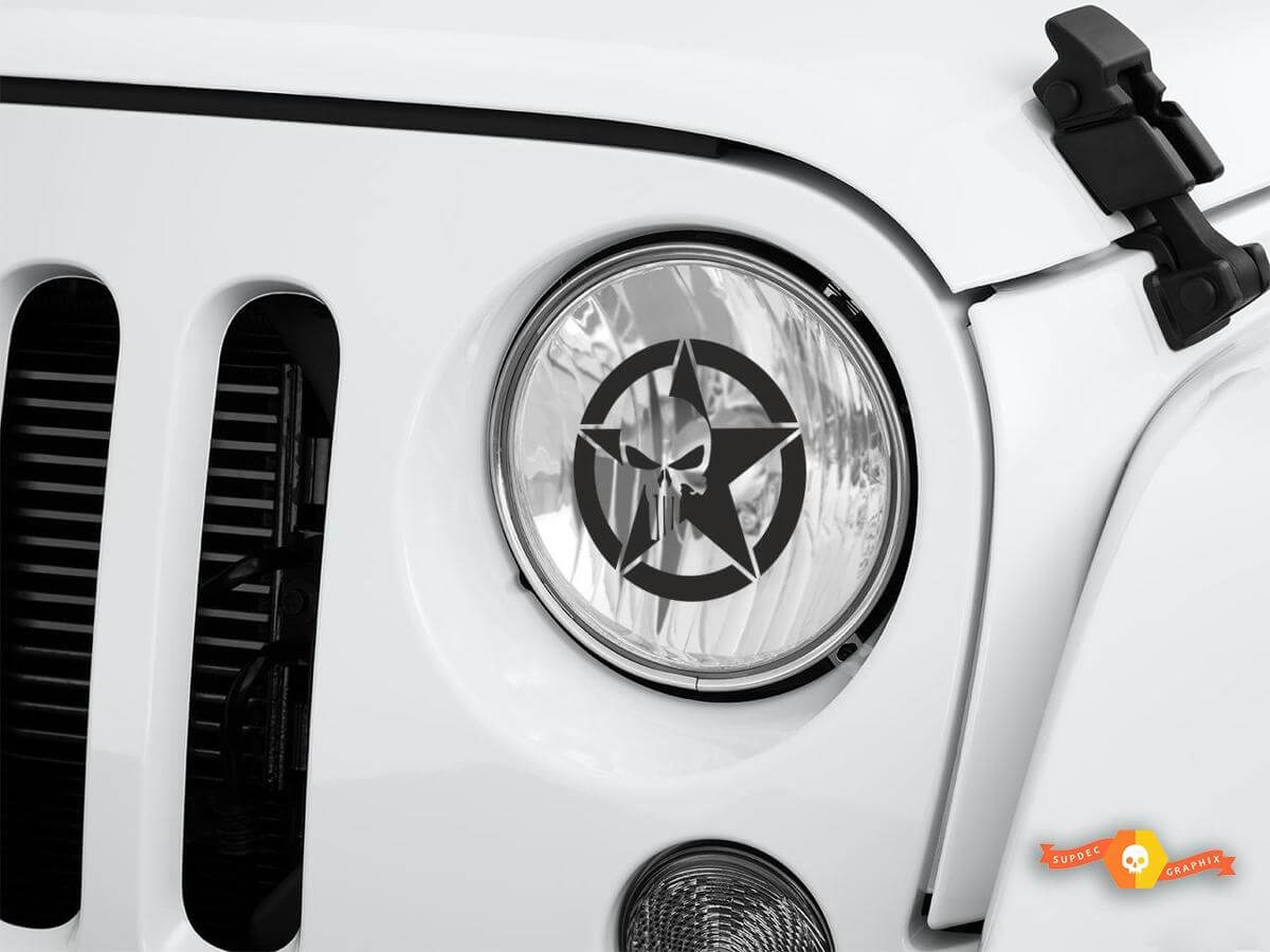 Ensemble d'autocollants vinyle style verre gravé tête de mort Military Star pour phares Jeep Wrangler
