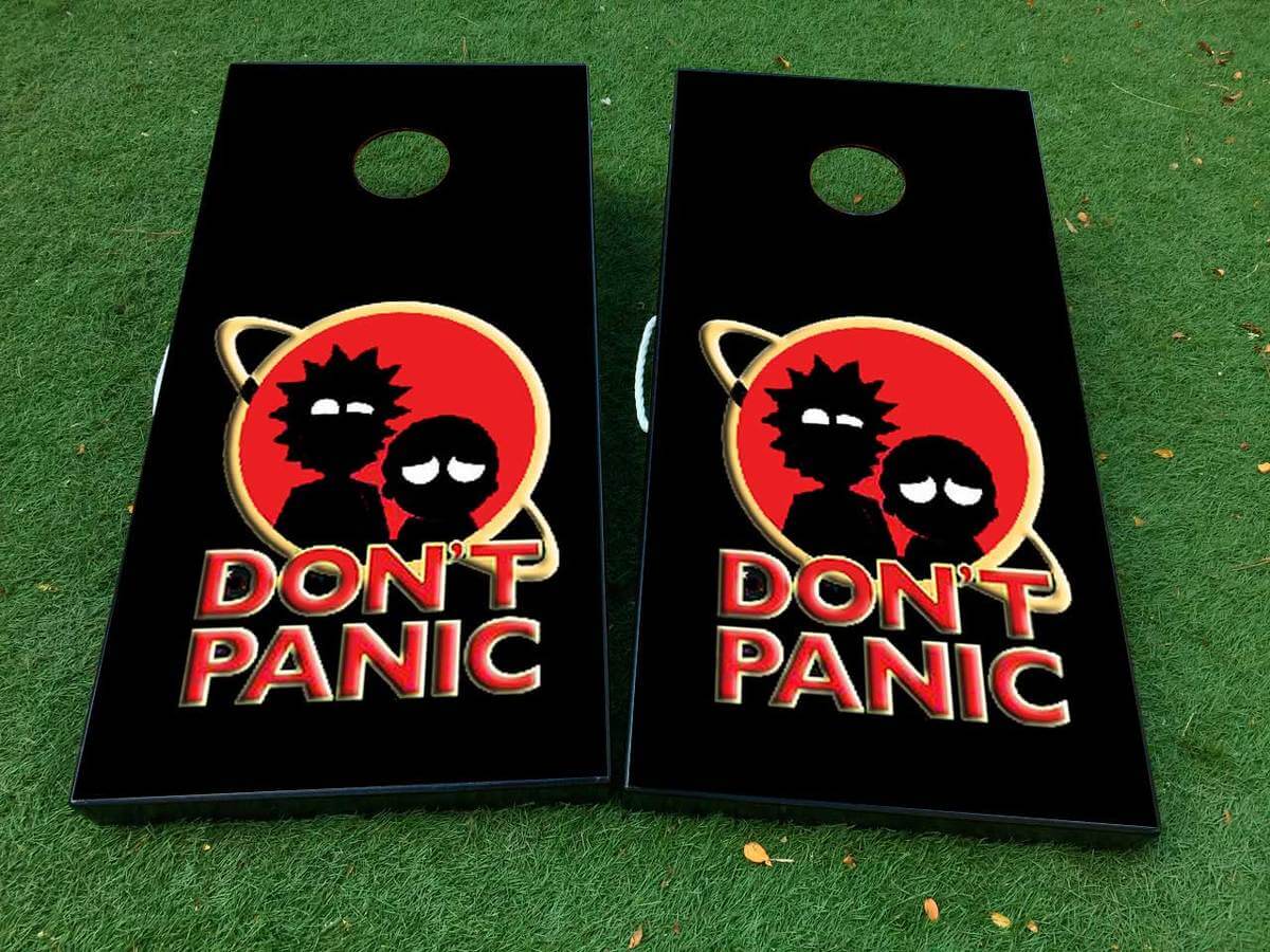 Set d'autocollants en vinyle pour planche de cornhole inspiré de Rick et Morty Don't Panic