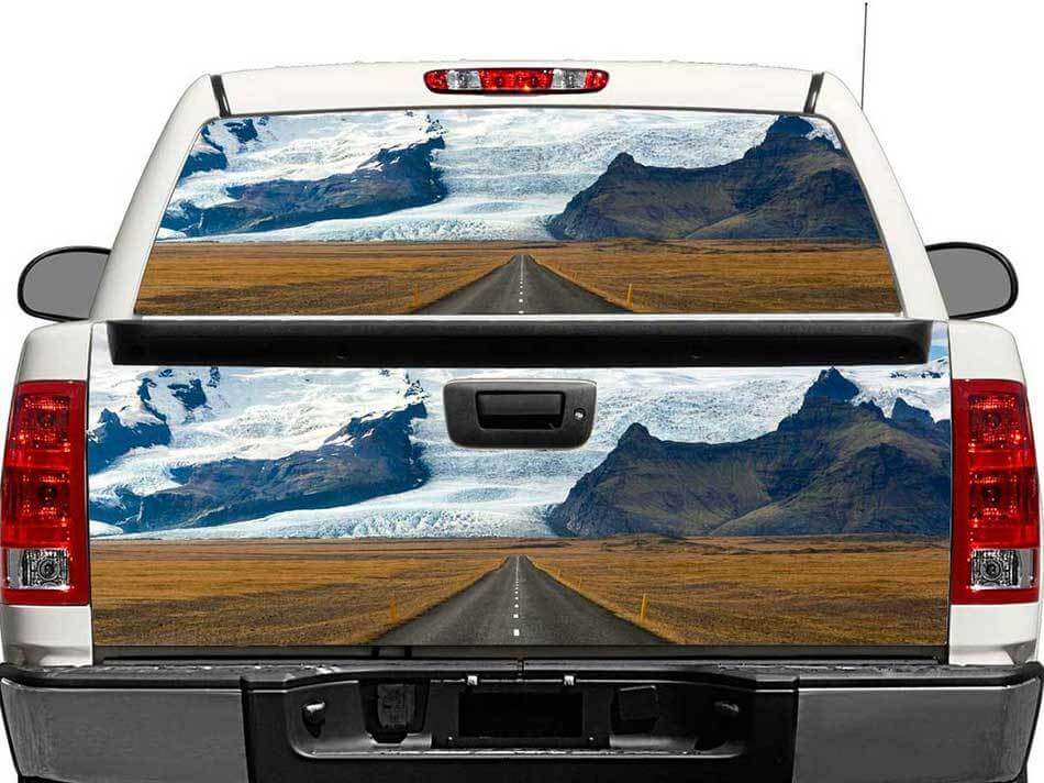 Autocollant en vinyle pour lunette arrière ou hayon Road To The Mountains pour pick-up et SUV