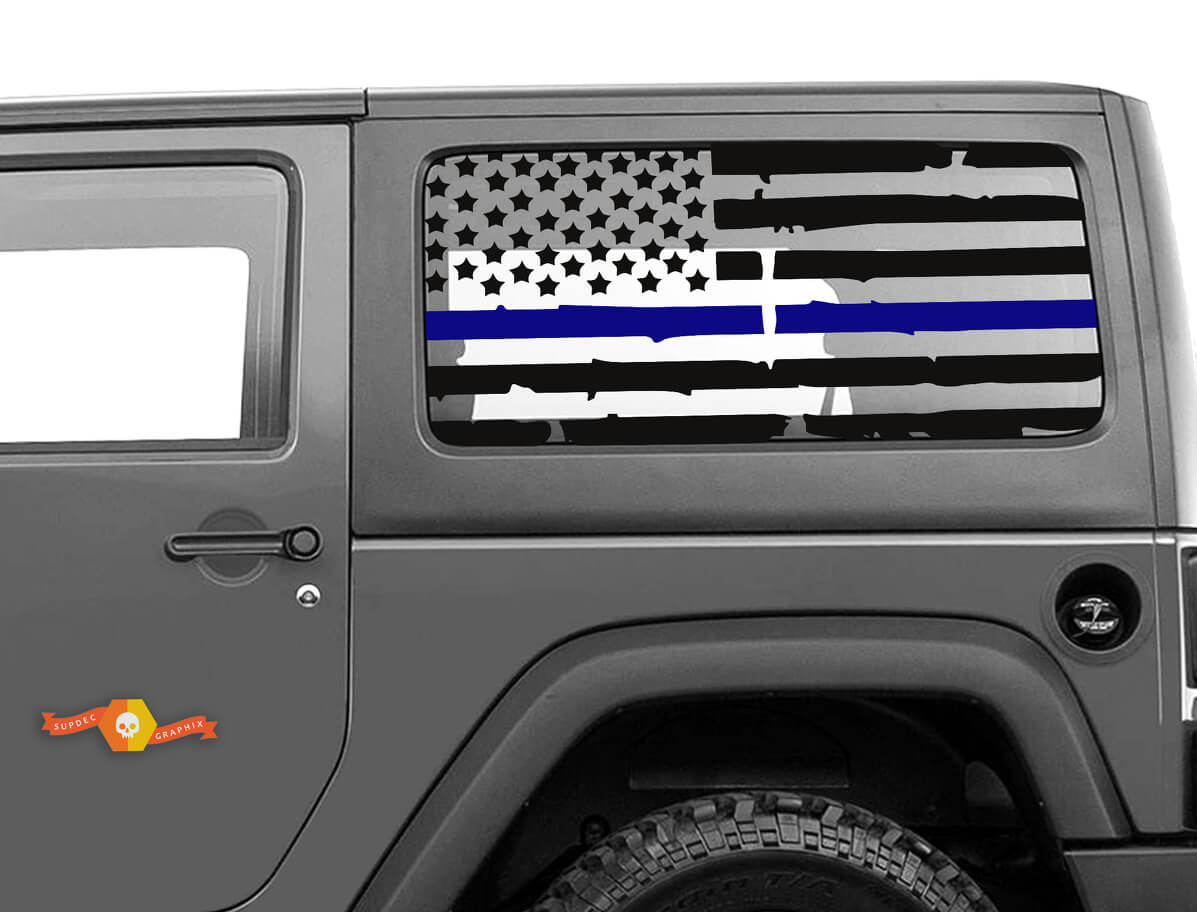 Autocollant vinyle pour vitre latérale Drapeau USA usé avec ligne bleue pour Jeep Wrangler JK