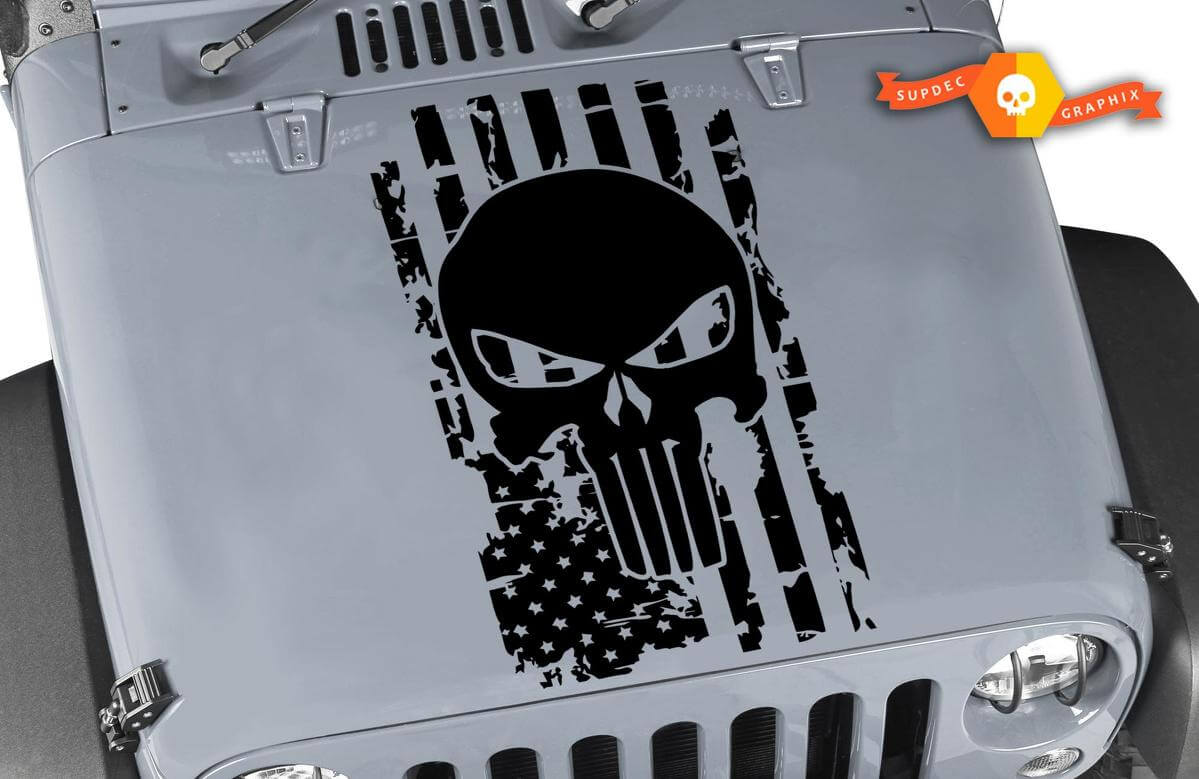 Autocollant en vinyle capuche Crâne Punisher Drapeau USA usé pour Jeep Wrangler