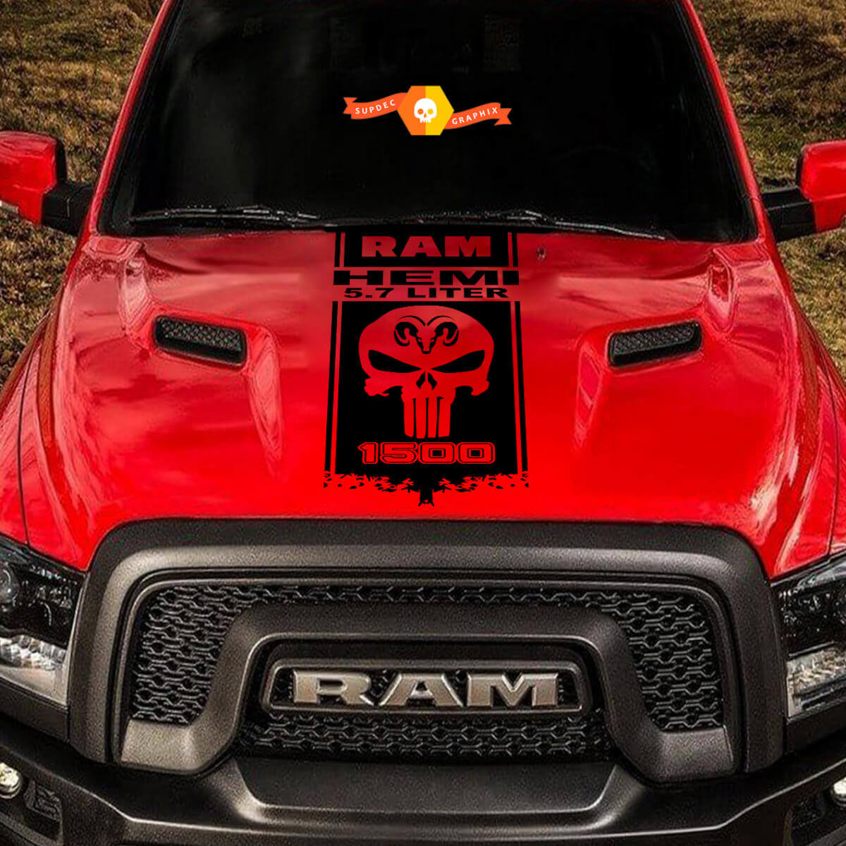 Autocollant en vinyle capot crâne style Punisher HEMI 5,7L pour Dodge Ram 1500-3500