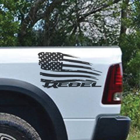 Dodge Ram Rebel drapeau américain en détresse côté Logo camion vinyle autocollant autocollant graphique
