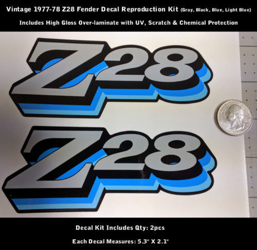 Z28 Camaro autocollant Kit de décalcomanie 2 pièces garde-boue 1977 1978 Vintage Blues 5.3 