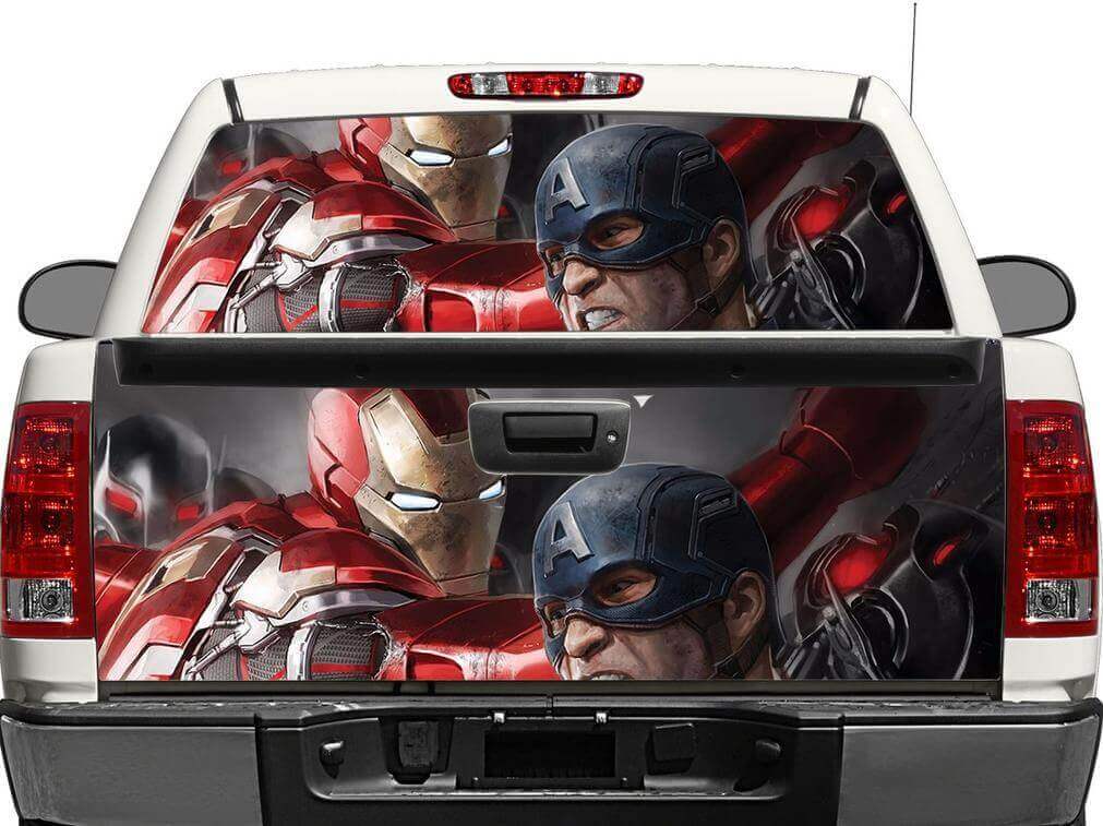 Autocollant pour lunette arrière ou hayon Iron Man & Captain America pour pick-up et SUV