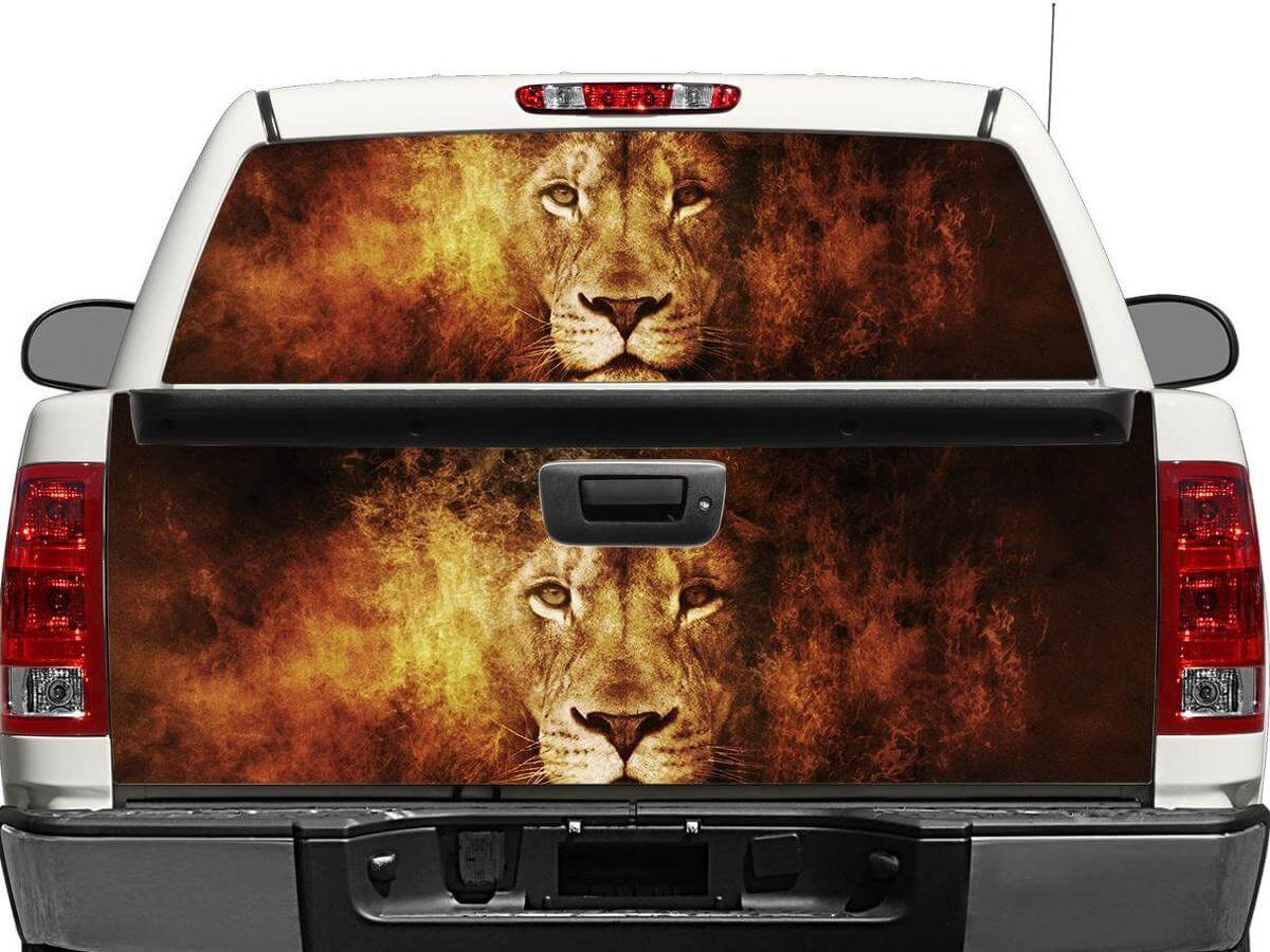 Autocollant en vinyle Lion et Feu pour lunette arrière ou hayon de pick-up et SUV