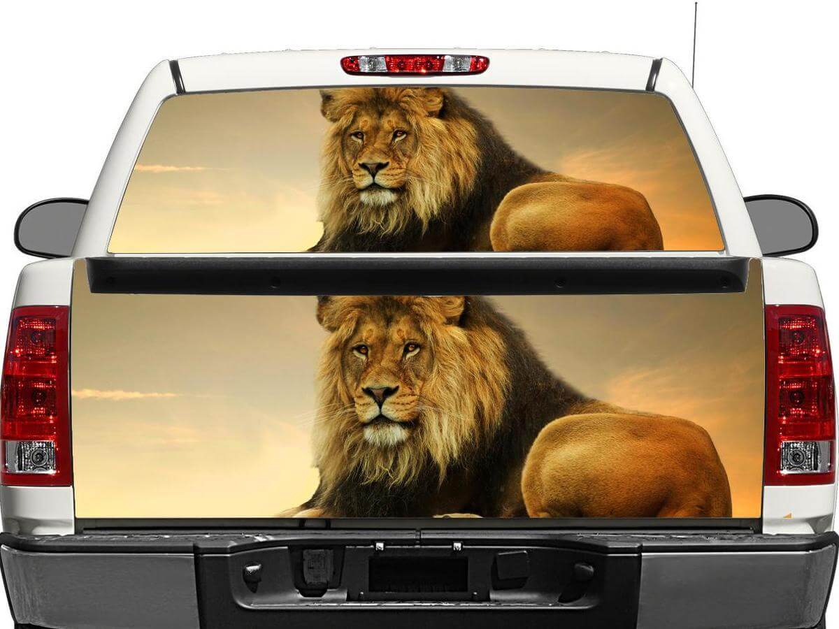 Lion sur coucher de soleil 2 lunette arrière OU hayon autocollant autocollant camionnette SUV voiture