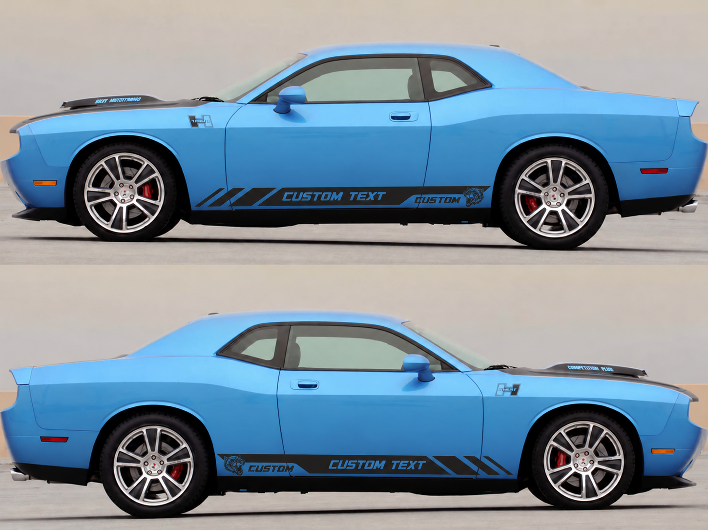 Hellcat Style CUSTOM TEXT Rocker Stripe Pair — Autocollant vinyle (bas de caisse) pour Dodge Challenger 2009-2018