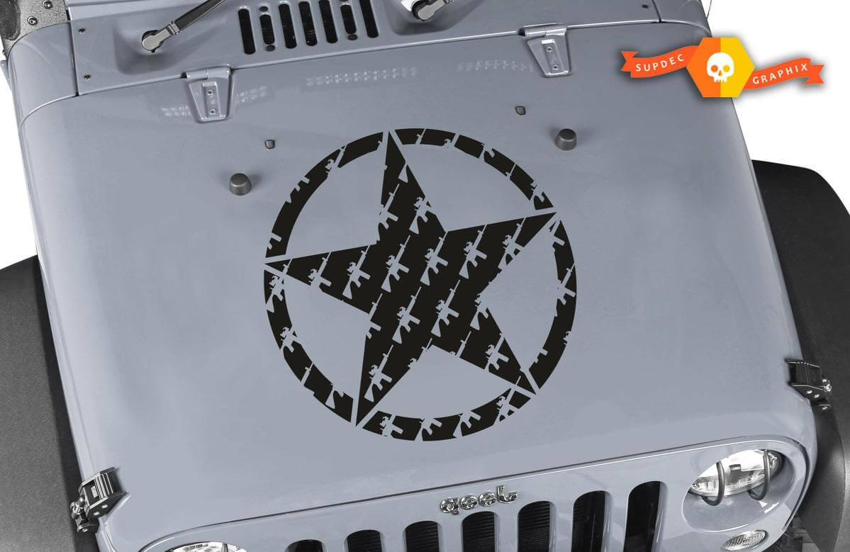 Autocollant Vinyle Capot Étoile Militaire avec Silhouettes d'Armes pour Jeep Wrangler