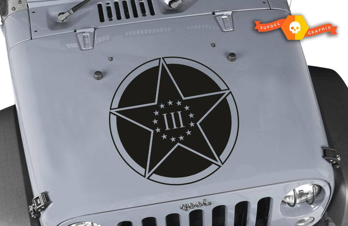 Autocollant en vinyle noir 3 Percenters Military Star pour capot de Jeep Wrangler