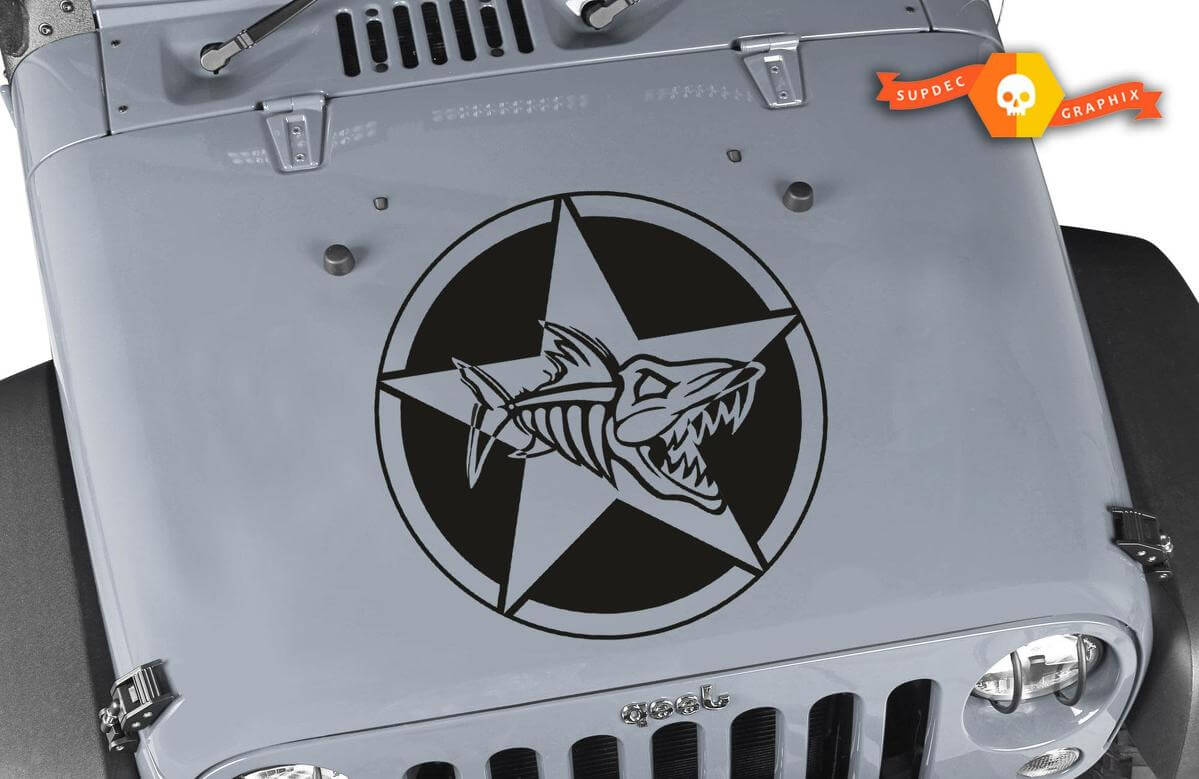Autocollant Capot Étoile Militaire Oscar Mike Fish Skeleton pour Jeep Wrangler