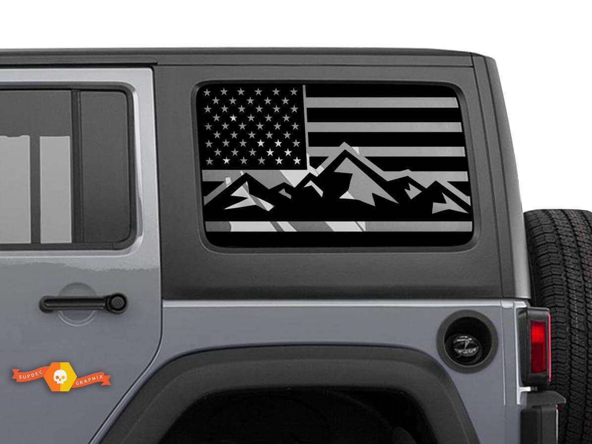 Paire d’autocollants vinyle pour fenêtre latérale arrière avec drapeau USA et montagne pour Jeep Wrangler