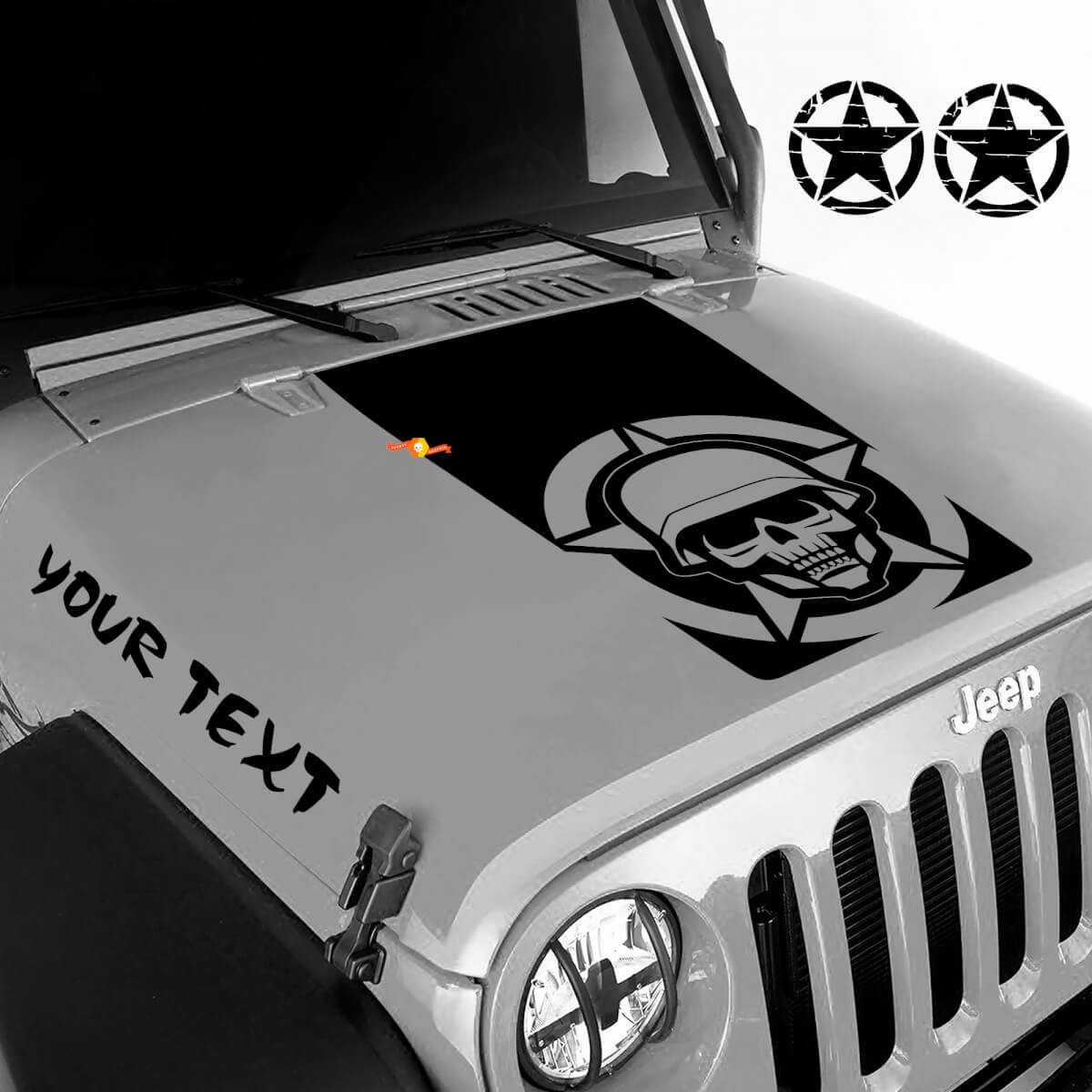 Set d'autocollants vinyle capot Tête de mort militaire et lettrage personnalisé pour Jeep Wrangler