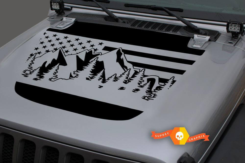 Capot Vinyle Forêt Montagnes USA Drapeau Blackout Sticker Autocollant pour 18-19 Jeep Wrangler JL #1
