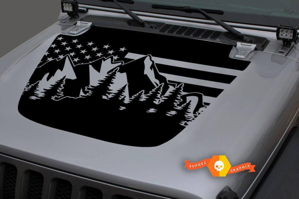 Sticker en vinyle noir à capot avec drapeau des montagnes forestières USA 2 pour Jeep Wrangler JL