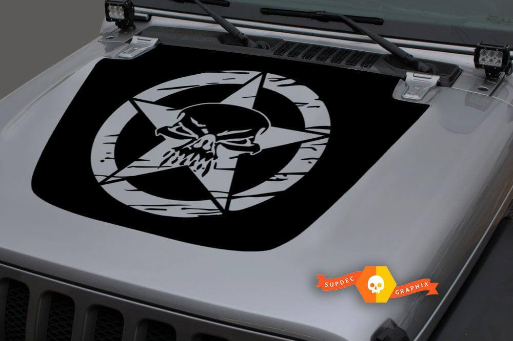 Capot Vinyle Crâne Étoile Militaire Distressed Blackout Decal Sticker pour 18-19 Jeep Wrangler JL #1
