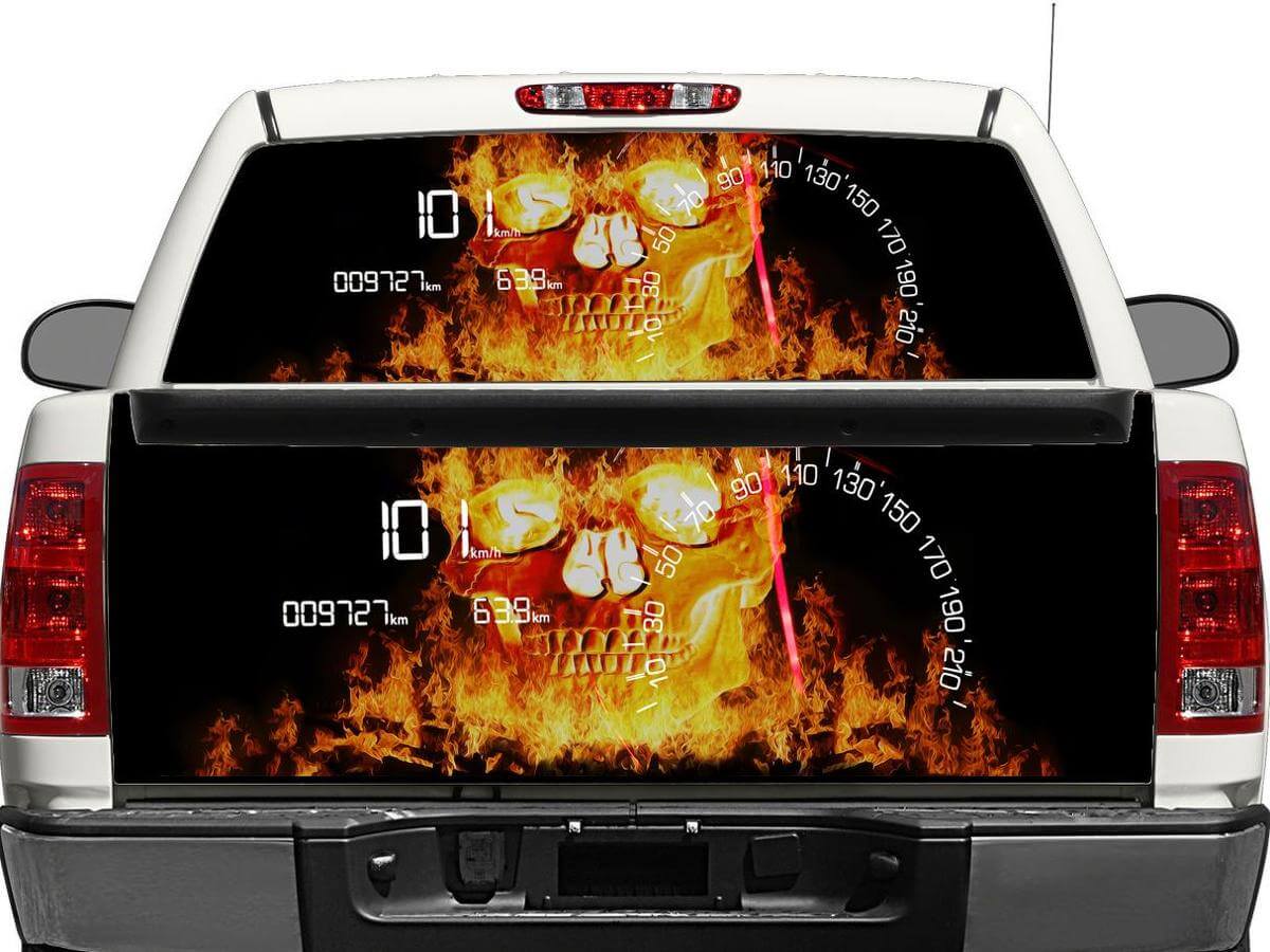 Autocollant Vinyle Crâne en Feu pour Lunette Arrière ou Hayon de Pick-up et SUV