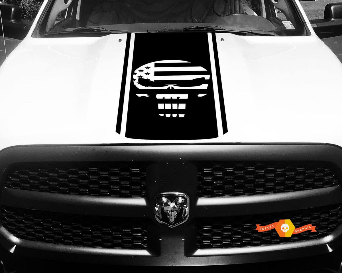 1500 2500 3500 Ram Truck Punisher Drapeau Américain Vinyl Racing Stripe Capot Autocollant #89
