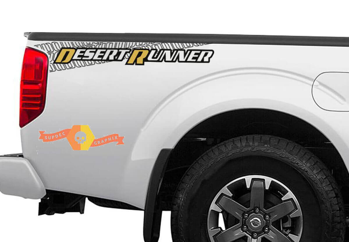 Paire d'autocollants en vinyle pour les côtés de benne avec motif de traces de pneu Desert Runner pour Nissan Frontier