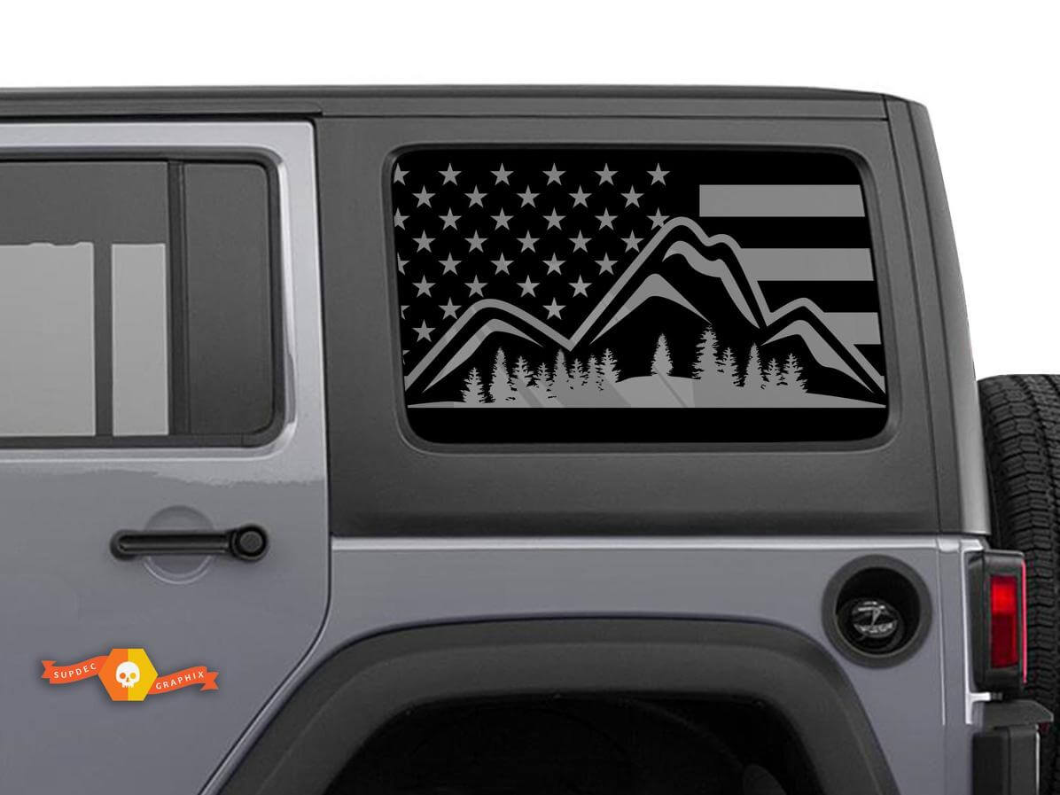 Autocollant en vinyle pour fenêtre latérale avec drapeau américain, montagne et forêt, paire pour Jeep Wrangler Hardtop