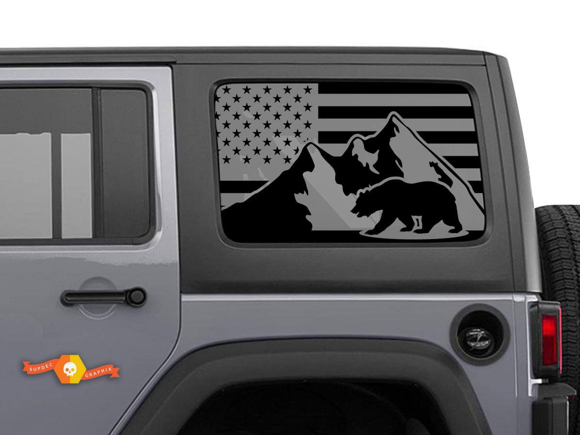 Paire d'autocollants en vinyle pour fenêtre latérale Montagnes ours avec drapeau USA pour Jeep Wrangler Hardtop