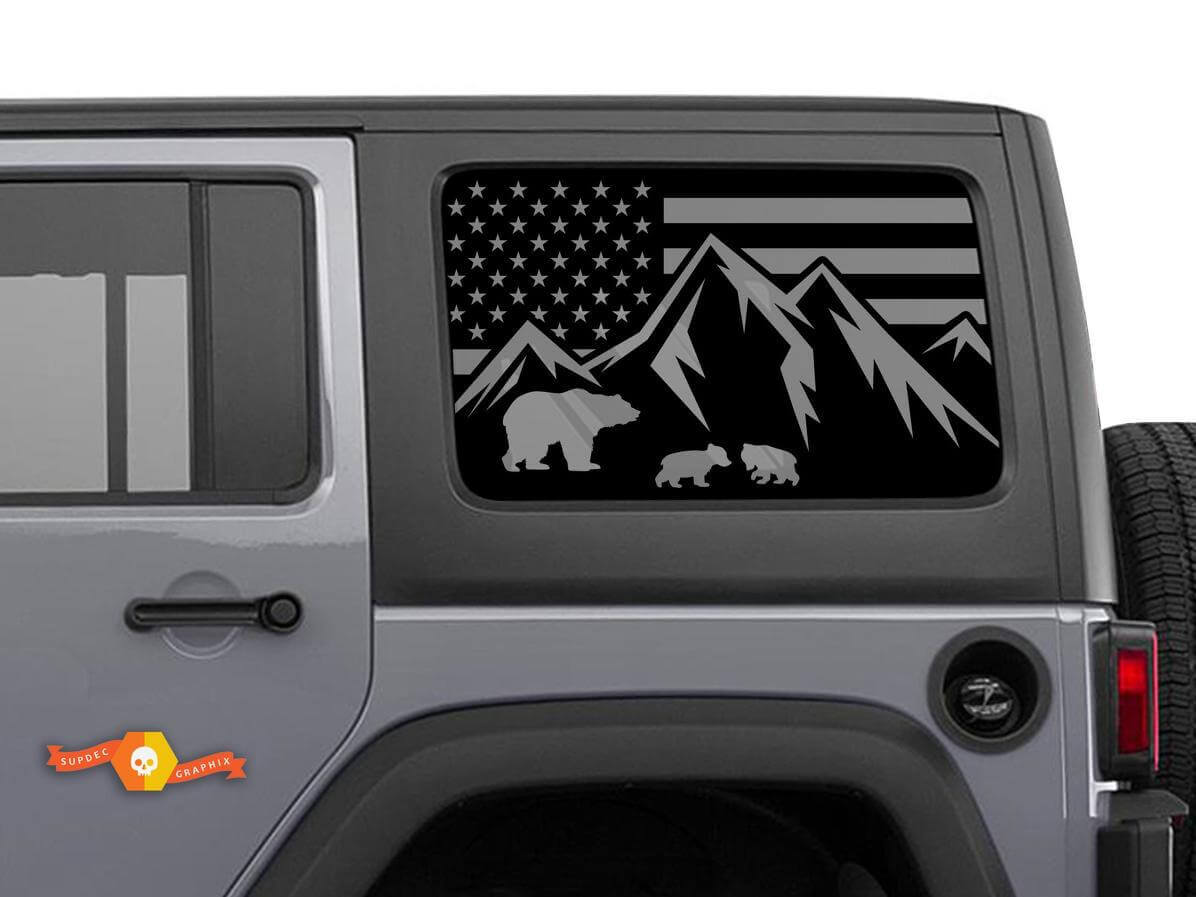 Autocollants drapeau USA ours de montagne pour vitre latérale Jeep Wrangler Hardtop