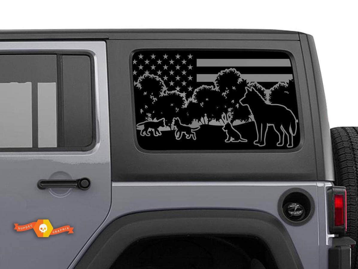 Autocollant de pare-brise Loup et louveteau Forêt avec drapeau USA pour Jeep Wrangler Rubicon Hardtop JKU JLU 2007-2019 ou Tacoma 4Runner Tundra Charger Challenger