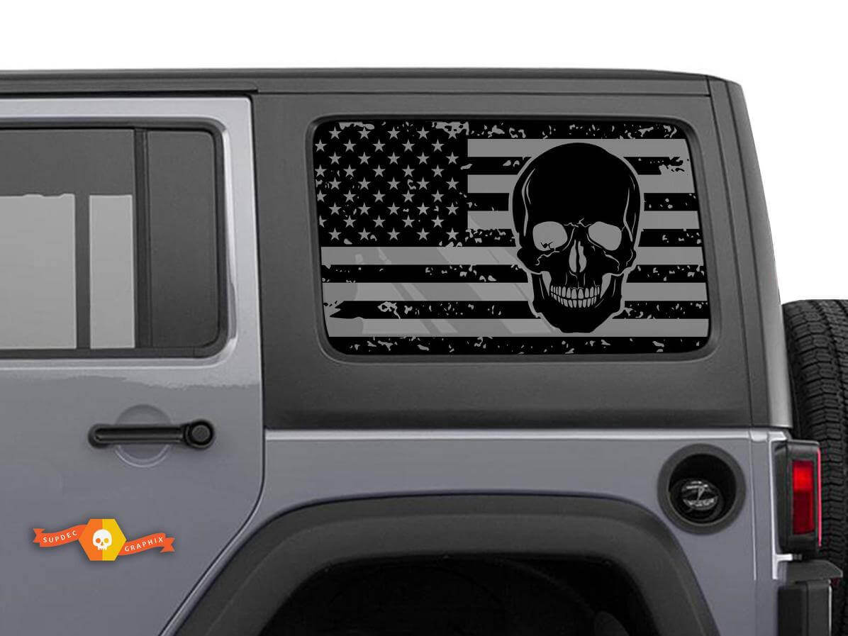 Paire d’autocollants vinyle pour vitres latérales avec crâne et drapeau USA usé pour Jeep Wrangler Hardtop