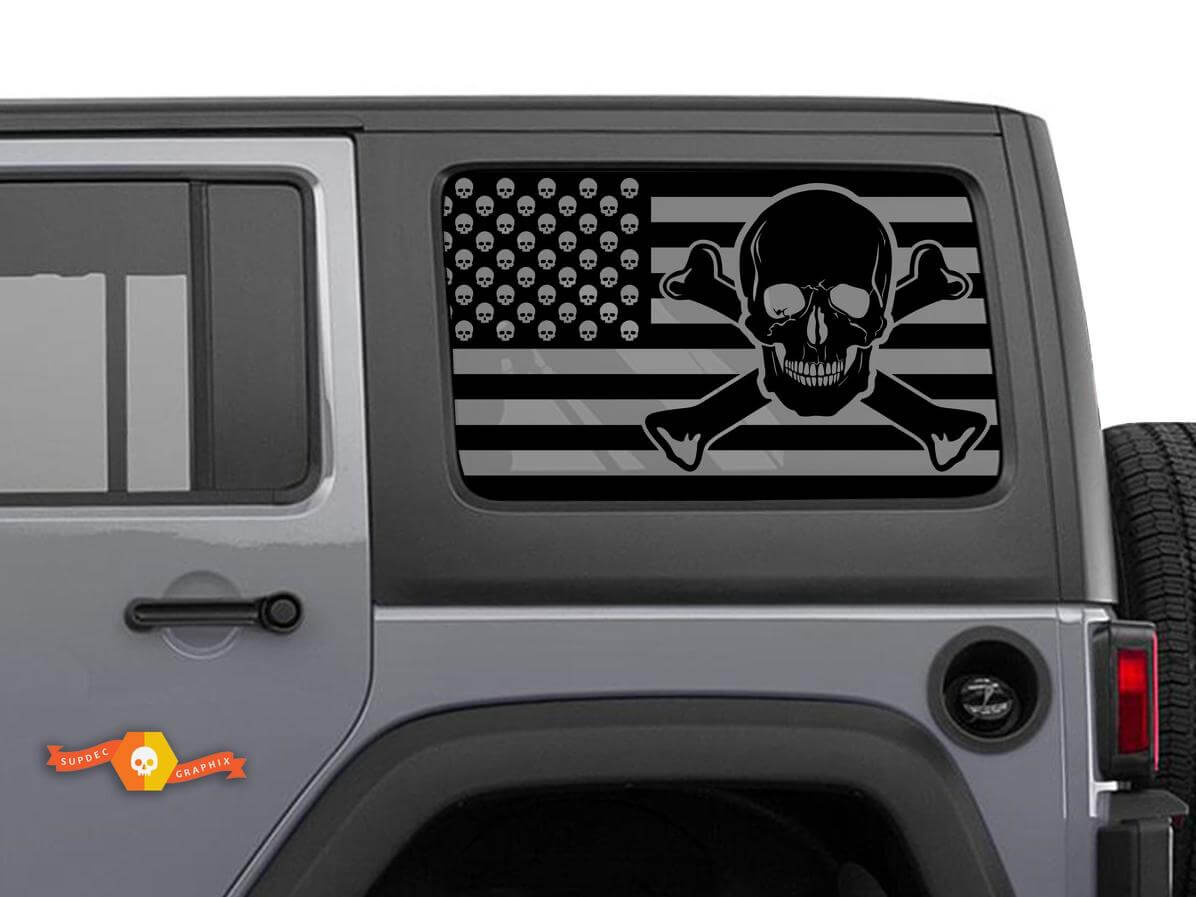 Autocollant Sticker Pare-brise Crâne et Os Drapeau USA Pour Jeep Wrangler Rubicon Hardtop JKU JLU 2007-2019 ou Tacoma 4Runner Tundra Charger Challenger
