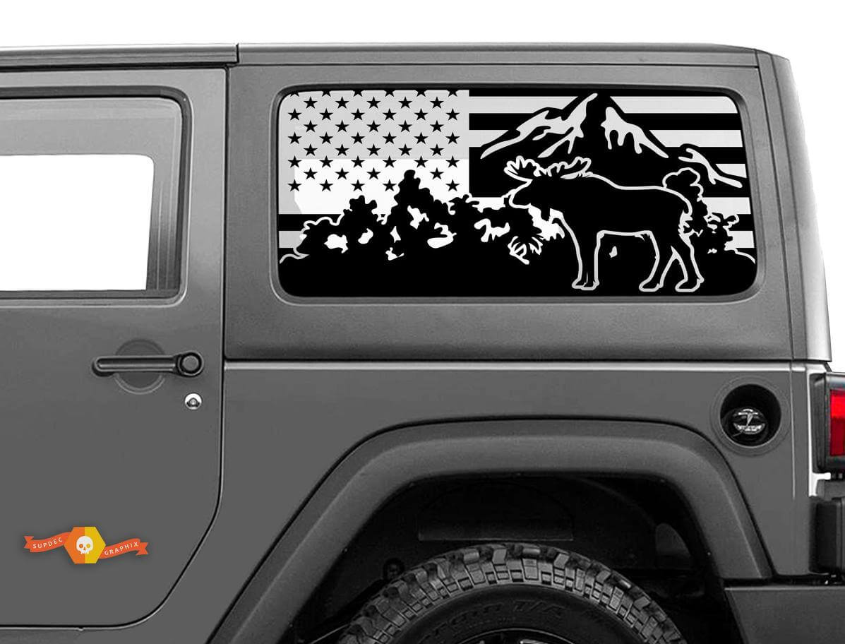Autocollant drapeau américain Moose Mountain pour fenêtre arrière de Jeep Wrangler Hardtop
