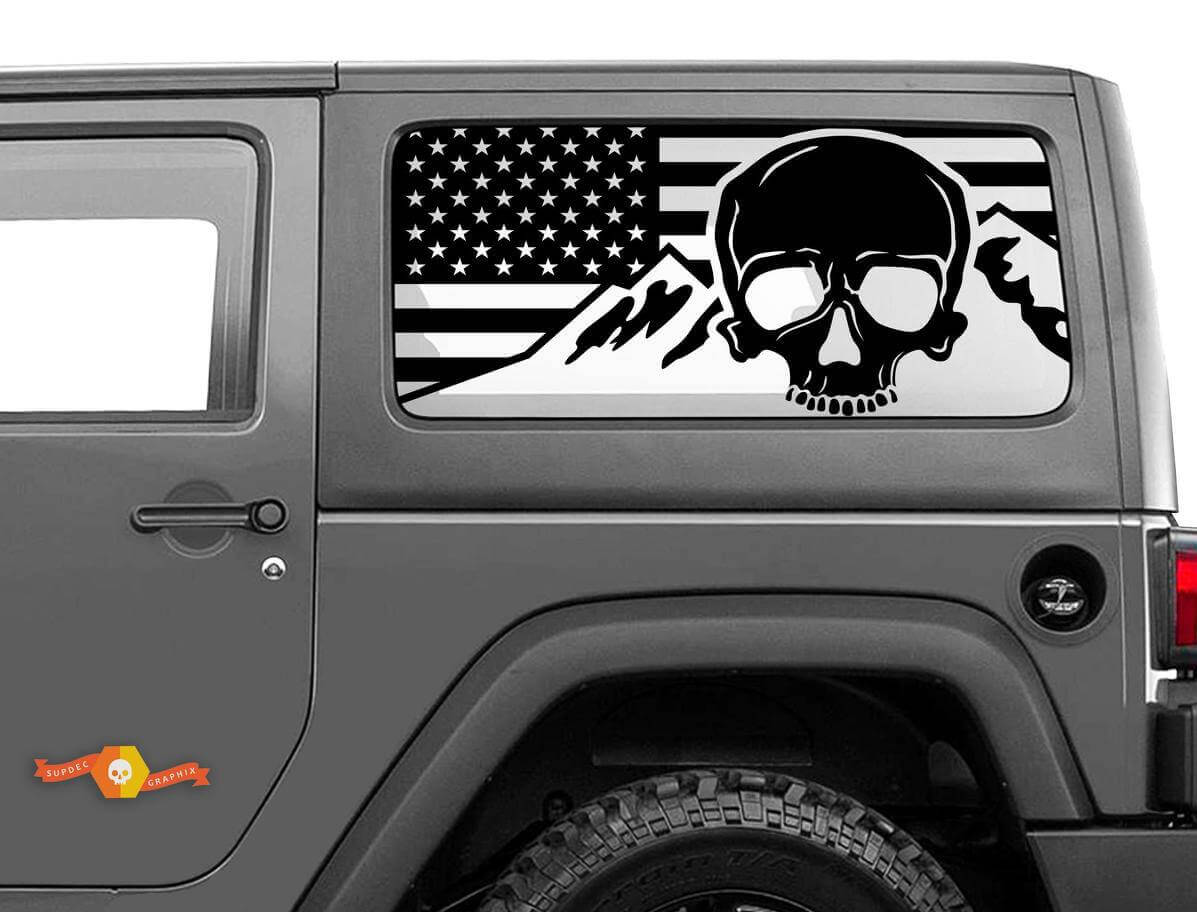 Kit d'autocollants vinyle pour fenêtre latérale arrière avec drapeau USA crâne montagnes pour Jeep Wrangler