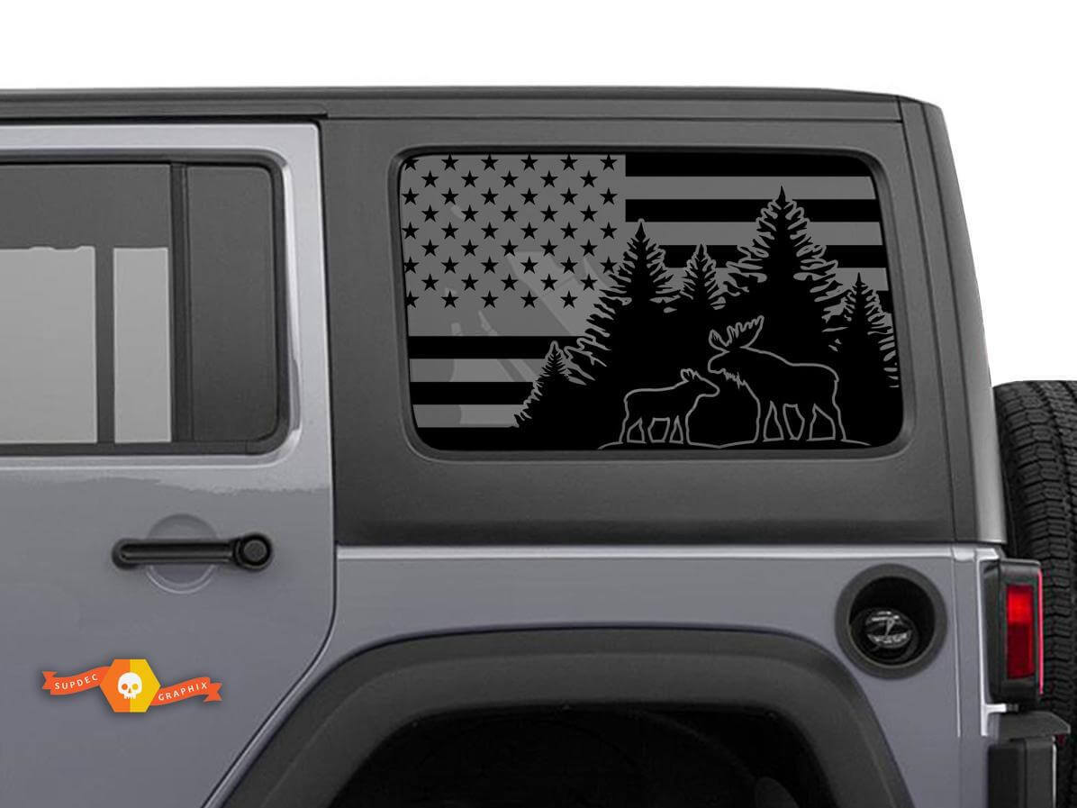 Paire d’autocollants en vinyle pour fenêtre latérale arrière avec drapeau USA et élan pour Jeep Wrangler Hardtop