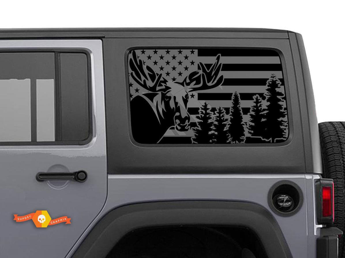 Kit d'autocollants en vinyle avec drapeau USA, élan et forêt pour vitre latérale de Jeep Wrangler Hardtop
