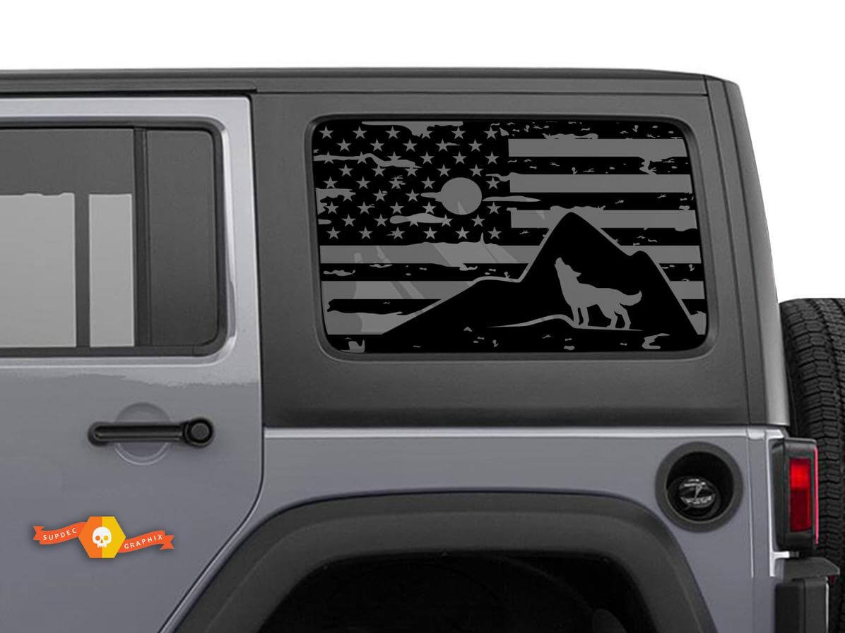 Autocollant Décalcomanie Pare-brise Loup Drapeau USA Nuages Lune Pour Jeep Wrangler Rubicon Hardtop JKU JLU 2007-2019 ou Tacoma 4Runner Tundra Charger Challenger