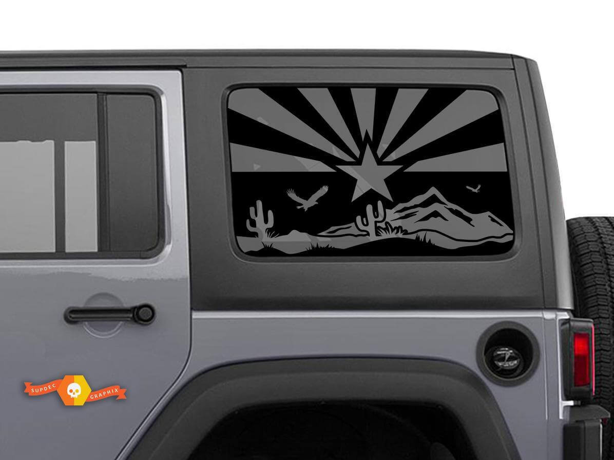 Autocollant en vinyle décor scène désert avec drapeau de l'Arizona pour fenêtre latérale de Jeep Wrangler