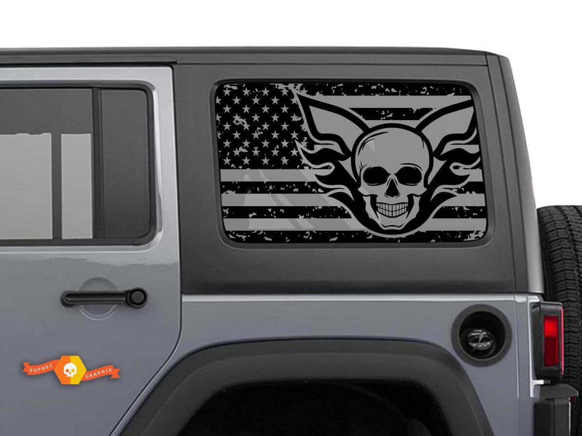 Autocollant en vinyle paire de crâne avec drapeau USA pour fenêtre latérale de Jeep Wrangler Hardtop