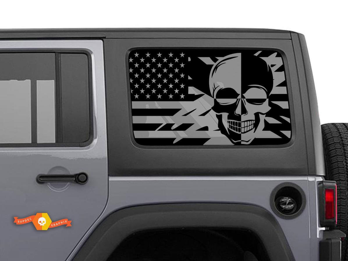 Paire d'autocollants drapeau USA tête de mort pour vitres arrière latérales Jeep Wrangler Hardtop
