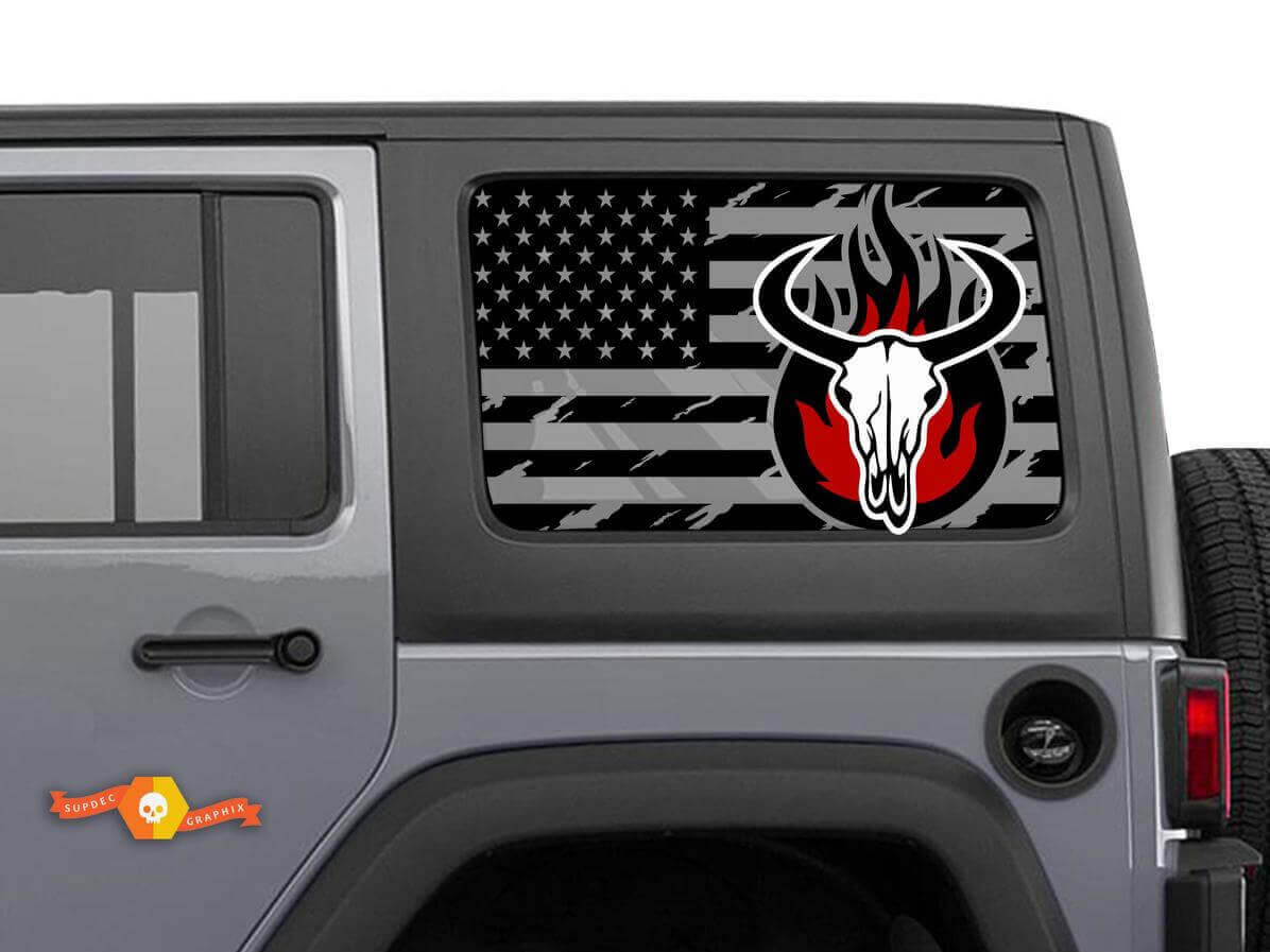 Paire d'autocollants en vinyle pour fenêtre latérale avec tête de taureau et drapeau USA usé pour Jeep Wrangler Hardtop
