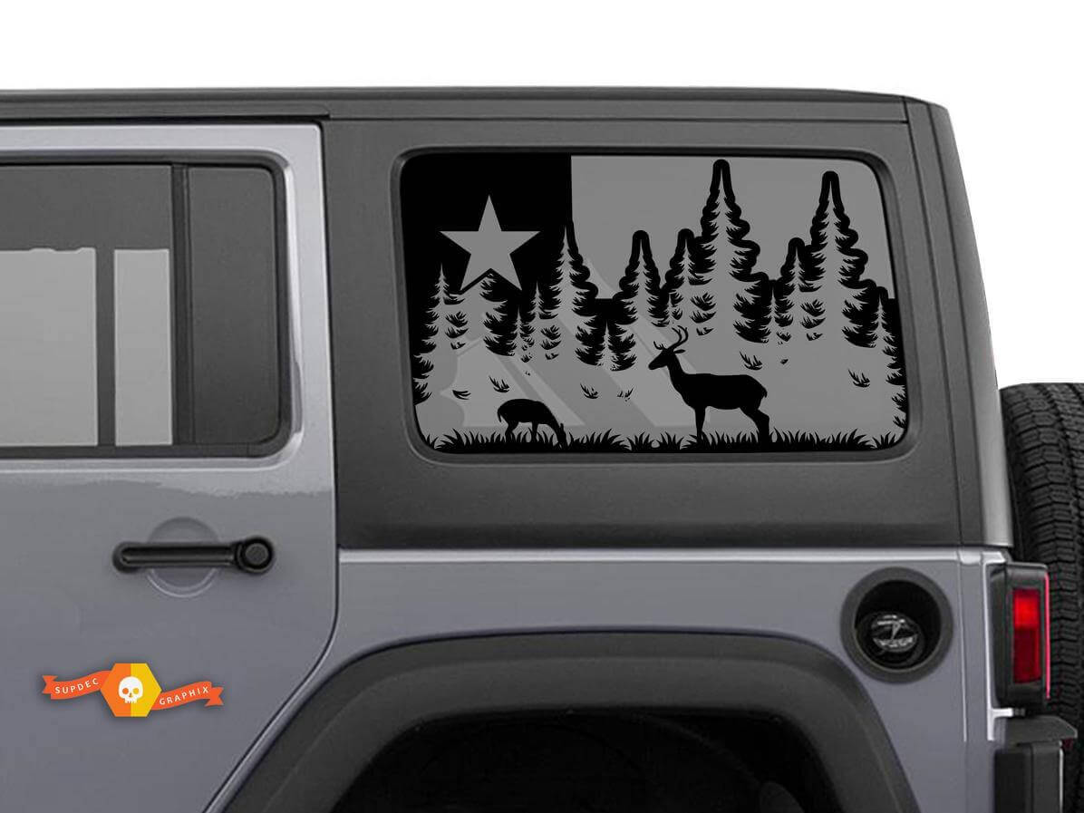 Autocollant drapeau du Texas cerf et forêt pour fenêtre arrière de Jeep Wrangler
