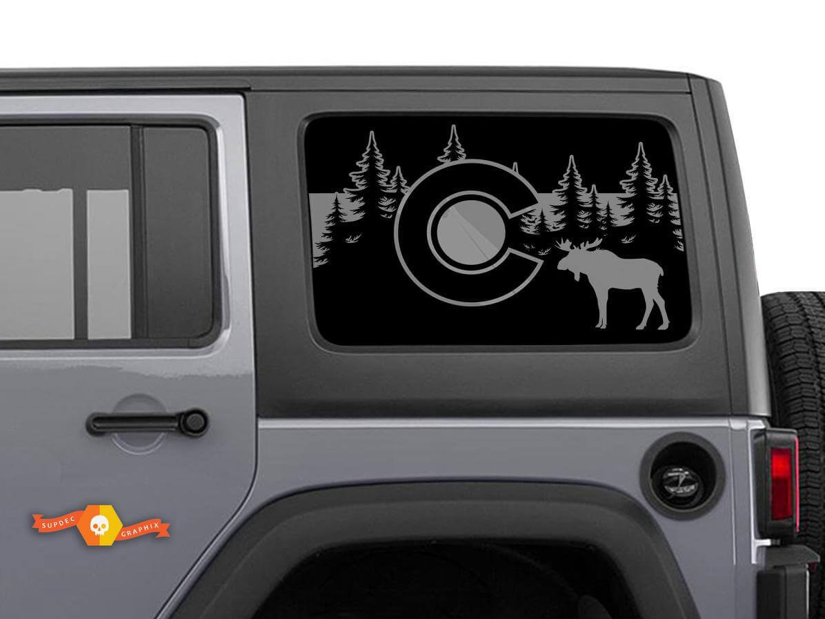 Autocollant en vinyle avec drapeau du Colorado et orignal pour fenêtre latérale Jeep Wrangler 2007-2019