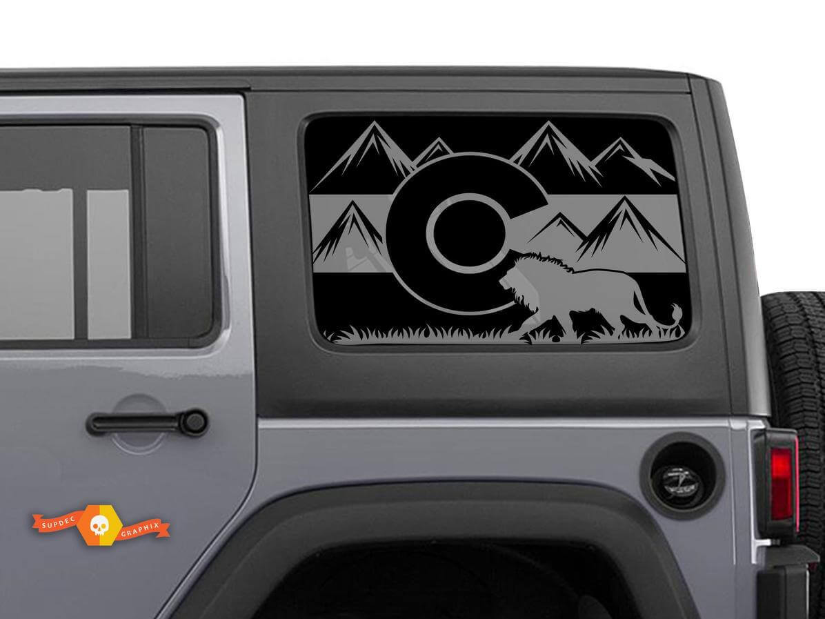 Drapeau du Colorado avec autocollants Lion Jeep Wrangler Rubicon Hardtop pour fenêtre latérale
