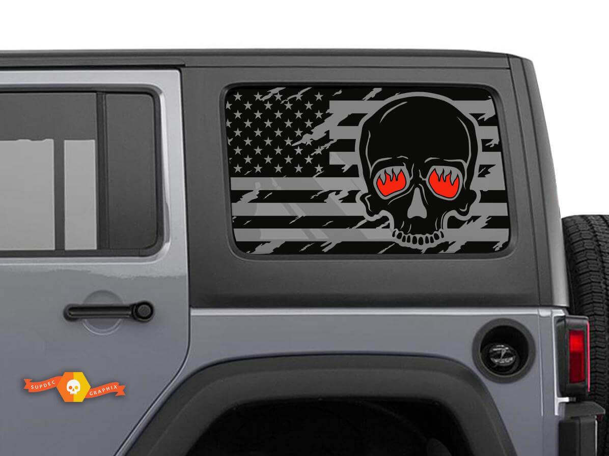 Autocollants Vinyle Drapeau USA Tête de Mort Yeux Brûlants Fenêtre Latérale pour Jeep Wrangler Hardtop