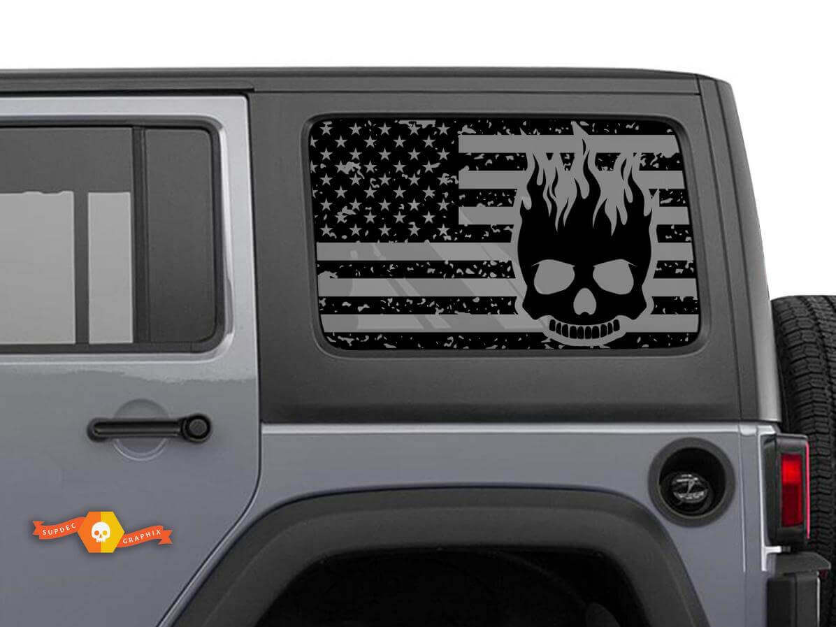 Kit de décalcomanie en vinyle pour vitres latérales avec crâne enflammé et drapeau USA pour Jeep Wrangler Hardtop