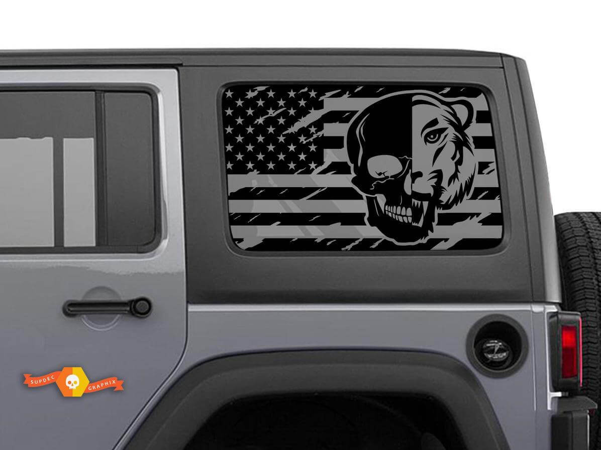 Autocollants Vinyle Drapeau USA Tête de Mort Tigre pour Vitre Latérale Kit pour Jeep Wrangler Toit Rigide