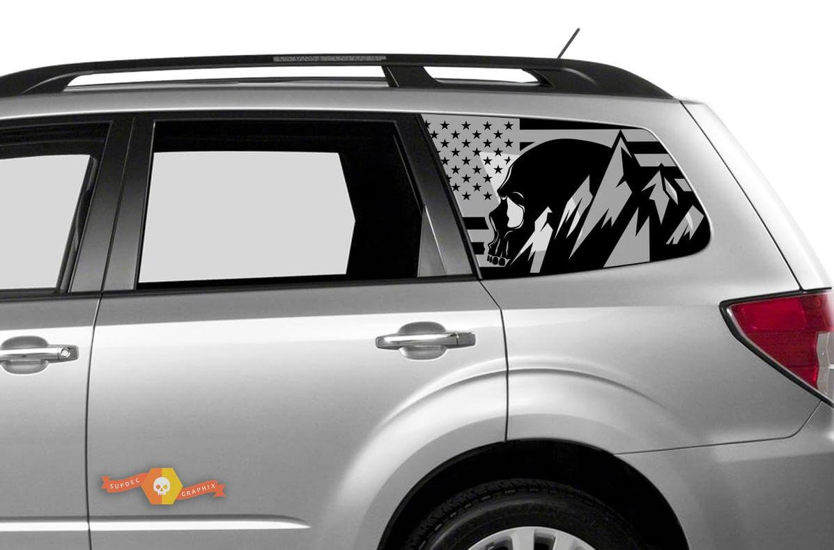Suba Ascent Forester Hardtop USA Flag Mountains Skull Destroyed Autocollant de pare-brise JKU JLU 2007-2019 ou Tacoma 4Runner Tundra Dodge Challenger Charger Wrangler Rubicon - 109
